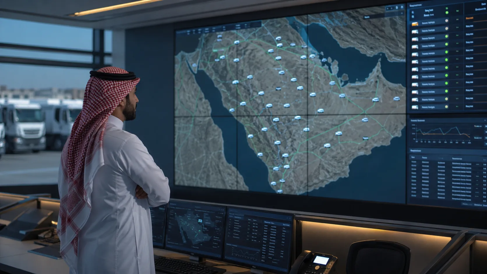 AVL automatic vehicle location system dashboard showing fleet tracking in Saudi Arabia