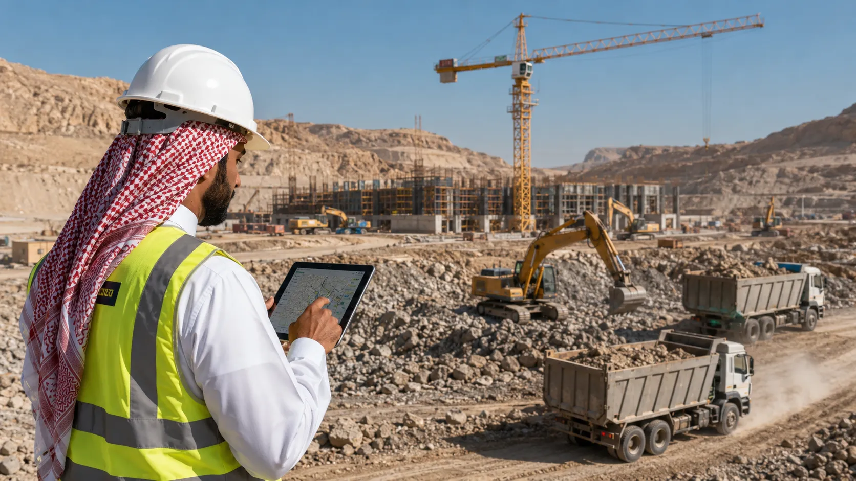 Construction fleet with heavy equipment tracked by GPS on a Saudi Arabia job site