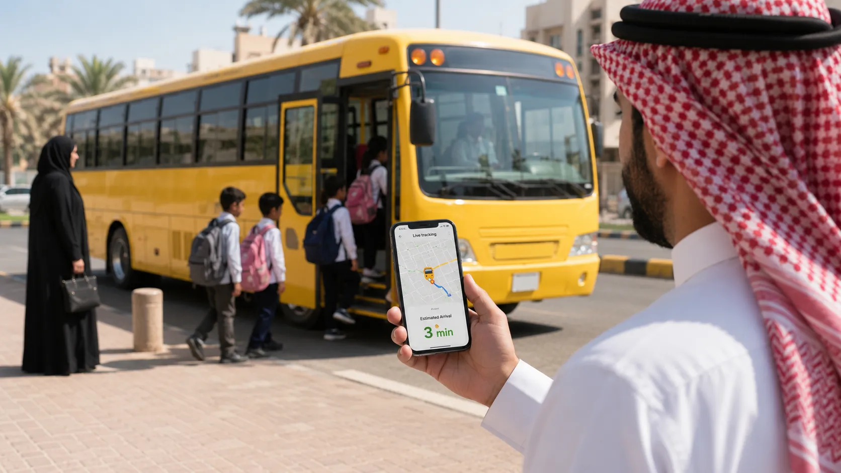 School bus tracking app showing real-time bus location and estimated arrival time
